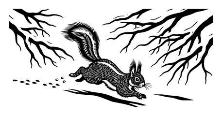 squirrel running through forest, retro engraved woodland vector illustration in black and white