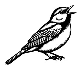Fototapeta premium detailed vector of songbird chirping with open beak, perched in profile, elegant engraving of wild bird
