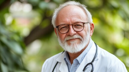 Experienced Elderly Physician with White Hair and Glasses Examining Patient with Warmth