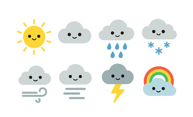 Cute weather icons: sun, clouds, rain, snow, wind, lightning, rainbow with smiling faces
