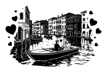 romantic couple in boat on venice canal with hearts vector style © Luka