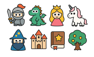 Fototapeta premium Medieval cartoons: knight, dragon, princess, unicorn, wizard, castle, book, tree icons