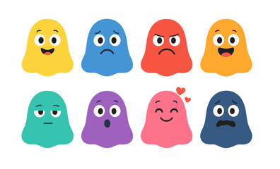 Colorful cartoon blobs displaying diverse emotions on white background