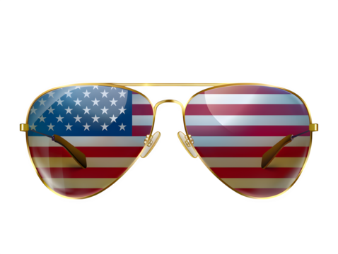 Golden-Rimmed Fashion Sunglasses with Blurred Flag Reflection and Sunlight Highlights isolated to transparent background - Powered by Adobe