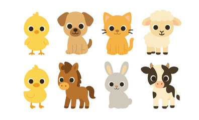 Cute cartoon farm animals collection: chick, puppy, kitten, lamb, duck, pony, bunny, calf