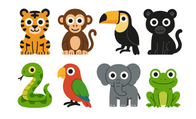 Fototapeta premium Cute cartoon jungle animals set featuring tiger, monkey, toucan, panther, snake, parrot, elephant, frog