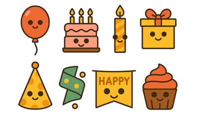 Cute birthday icons set featuring balloon, cake, candle, gift, party hat, streamer, banner, cupcake