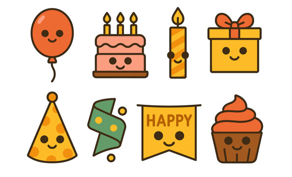 Cute birthday icons set featuring balloon, cake, candle, gift, party hat, streamer, banner, cupcake
