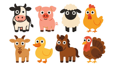 Fototapeta premium Cute cartoon farm animals collection featuring cow, pig, sheep, chicken, goat, duck, horse, and turkey
