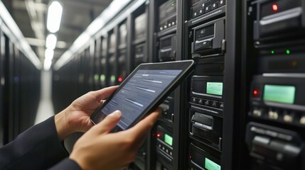 Hands holding tablet computer near server racks in a data center.