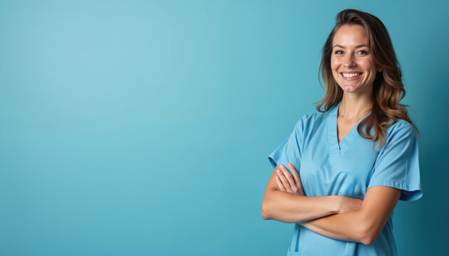 Beautiful medical assistant smiles with arms crossed in blue background. Confident woman in scrubs. Healthcare pro, nurse, doctor stands in studio. Positive, friendly, successful young person.