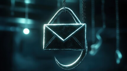 A dark, metallic email symbol shaped like a hook hangs from chains.