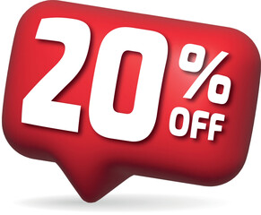 Discount Alert: A striking, three-dimensional speech bubble bursts with the words '20% OFF,' creating a dynamic visual representation of savings and promotions.