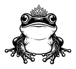 fairy tale inspired vector of frog wearing a royal crown, whimsical black and white engraving in cartoon style