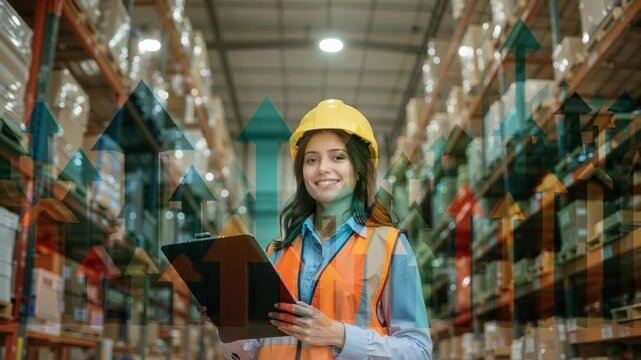 Holding clipboard, warehouse supervisor watching arrows appearing and rising in aisle, safety vest - Powered by Adobe