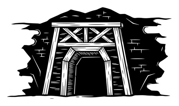 old wooden mining tunnel entrance, vintage black and white engraving vector for industrial or historical themes