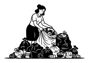 woman sorting trash black and white vector