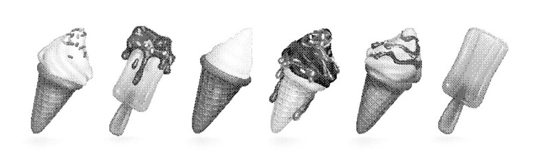 3d grey set of ice cream. 3d sweet set in style y2k brutalism pixel