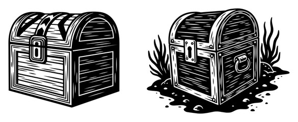 blackandwhite vector of closed treasure chests in vintage engraved style, pirate theme