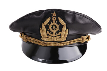 Navy black leather cap with an emblem.