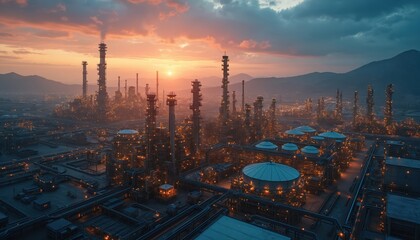 Fototapeta premium Aerial view of oil, gas refinery plant at night. Industrial petrochemical fuel power, energy complex with pipes, tanks, towers. Factory at sunset sunrise. Global environment impact, pollution, power