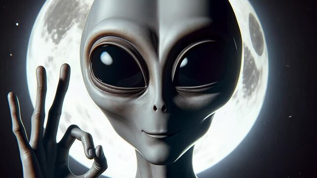 A gray alien with large black eyes and a slender body makes an 'OK' gesture against a full moon backdrop. The scene conveys themes of extraterrestrial life and mystery.