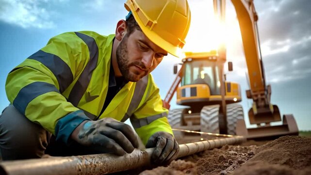 A construction worker wearing a safety helmet and reflective gear is carefully working with equipment in a sunrise setting.