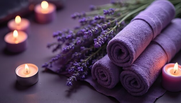 Spa setup features lavender, candles, rolled towels on purple background. Aromatherapy setting, relaxation scene. Beauty, wellness, body care concept. Zen, peaceful atmosphere, soothing therapy,
