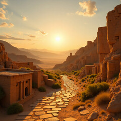 Golden light bathes the ancient stone pathways, guiding explorers through the remnants of Hebrew civilization, as mountains silhouette against the horizon Generative AI