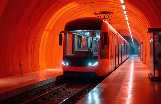 Modern Alstom Citadis X05 light rail tram at Trois Communes stop in Paris. Public transport transit transportation infrastructure. Stylish, sleek tram design in bright red colored tunnel. Urban scene