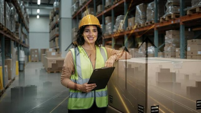 Monitoring metrics as arrows appear, supervisor holding clipboard wearing hardhat vest in warehouse - Powered by Adobe