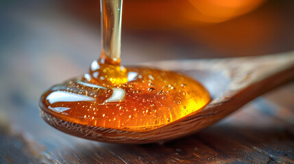 Golden honey dripping from a wooden spoon onto a rustic wooden surface, showcasing its rich texture and natural sweetness, perfect for culinary and health-related visuals