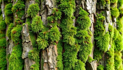 Close-up of a moss-covered tree trunk showcasing vibrant green moss and textured bark