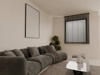 Minimalist living room rendering featuring a curved grey sofa, patterned rug,  coffee table with...