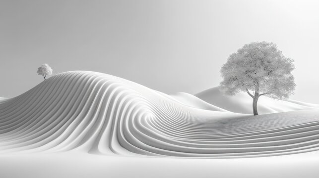 Abstract monochrome landscape with undulating hills and trees.