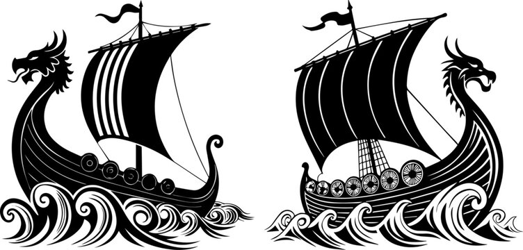 Viking Longship Dragon Boat on Waves Silhouette - Norse, Exploration & Battle