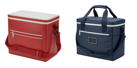 Insulated cooler bags in red and navy colors for outdoor activities isolate set