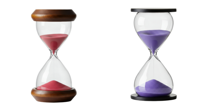 Dual hourglasses with colorful sand in modern design concept of set isolate  