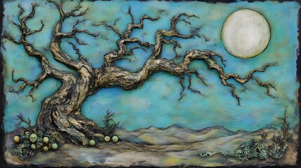 Twisted Tree Under Moonlight,  Textured 3D Art Landscape