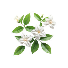 Obraz premium Fragrant white jasmine flowers with vibrant green leaves, symbolizing purity and beauty png