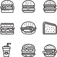 Chicken sandwich Black Line Editable Icons set