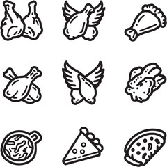 Chicken wings Black Line Editable Icons set