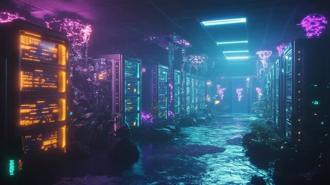 Futuristic Neon Data Center with Bioluminescent Plants and Glowing Servers;
