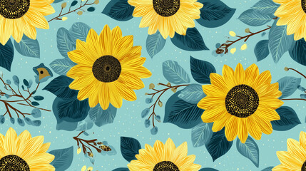 Obraz premium Seamless sunflower pattern on blue background with foliage