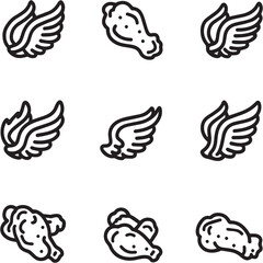 Chicken wings Black Line Editable Icons set