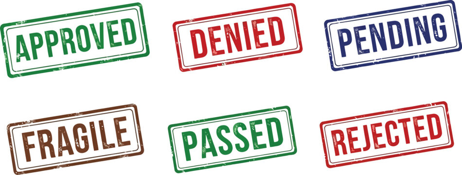 Approved denied pending fragile passed rejected stamps vector illustration for business concept