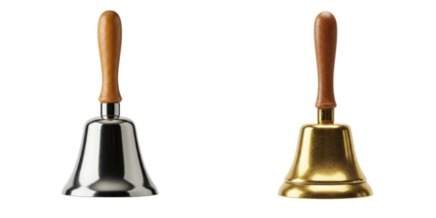 Traditional hand bells in silver and gold with wooden handles  isolate set