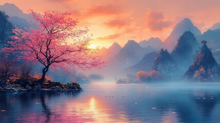 A serene lake scene with a blossoming tree at sunrise.