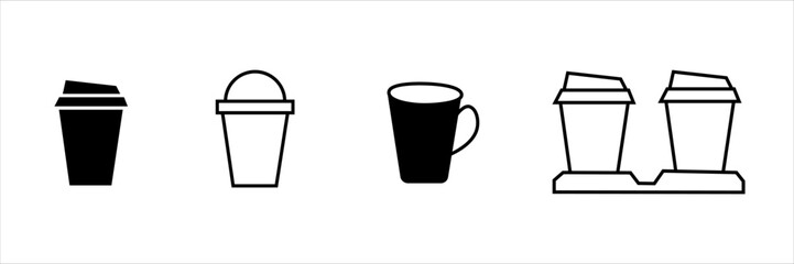 Collection of coffee cup icons in black and white. Includes mugs, to-go cups, straws, lids, and steam. Beverage and café symbols for app, web, UI, banner, menu, and print design.
