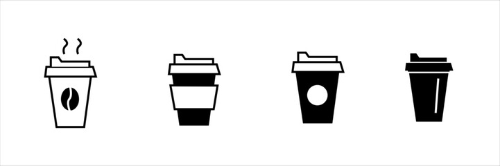 Collection of coffee cup icons in black and white. Includes mugs, to-go cups, straws, lids, and steam. Beverage and café symbols for app, web, UI, banner, menu, and print design.